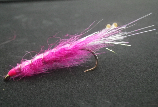 pink shrimp fly pink mono eyes streamer hook flash tinsel flashabou pearl pink seal fur dubbing brass wire lead free weight plastic