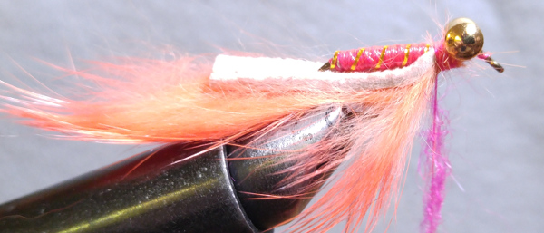 fly-fishing-hook-lead-free-wire-brass-barbell-eyes-pink-thread-gold-tinsel-flash-clear-nail-polish-orange-rabbit-zonker-pink-seal-fur-dubbing-tie-in