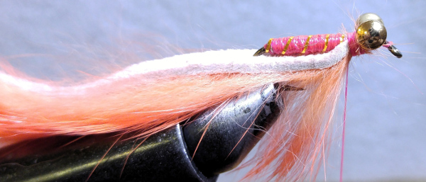 fly-fishing-hook-lead-free-wire-brass-barbell-eyes-pink-thread-gold-tinsel-flash-clear-nail-polish-orange-rabbit-zonker-strip