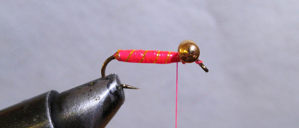 fly-fishing-hook-lead-free-wire-brass-barbell-eyes-pink-thread-gold-tinsel-flash-clear-nail-polish